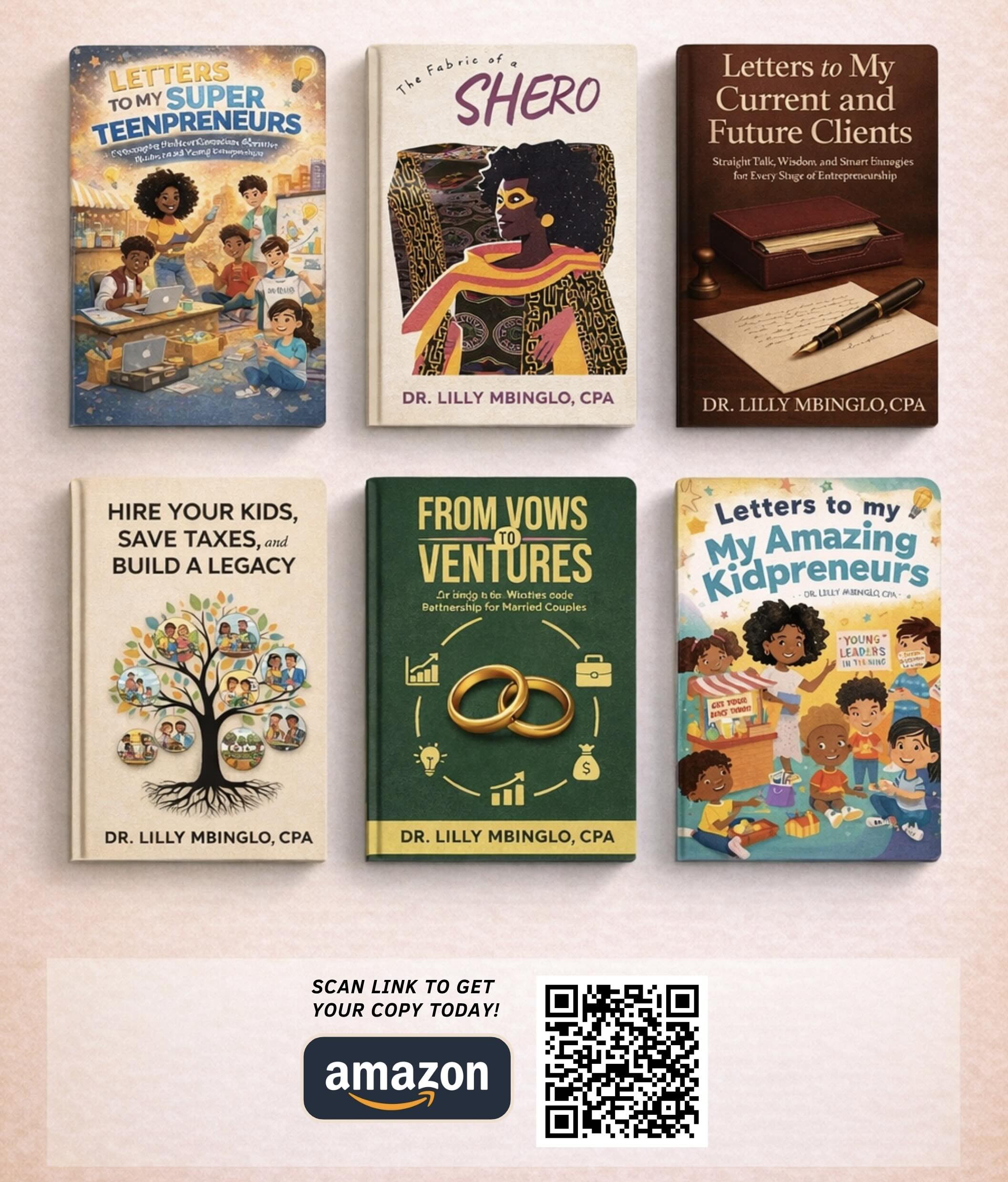 A collection of books by Dr. Lilly Mbinglo with an Amazon QR code